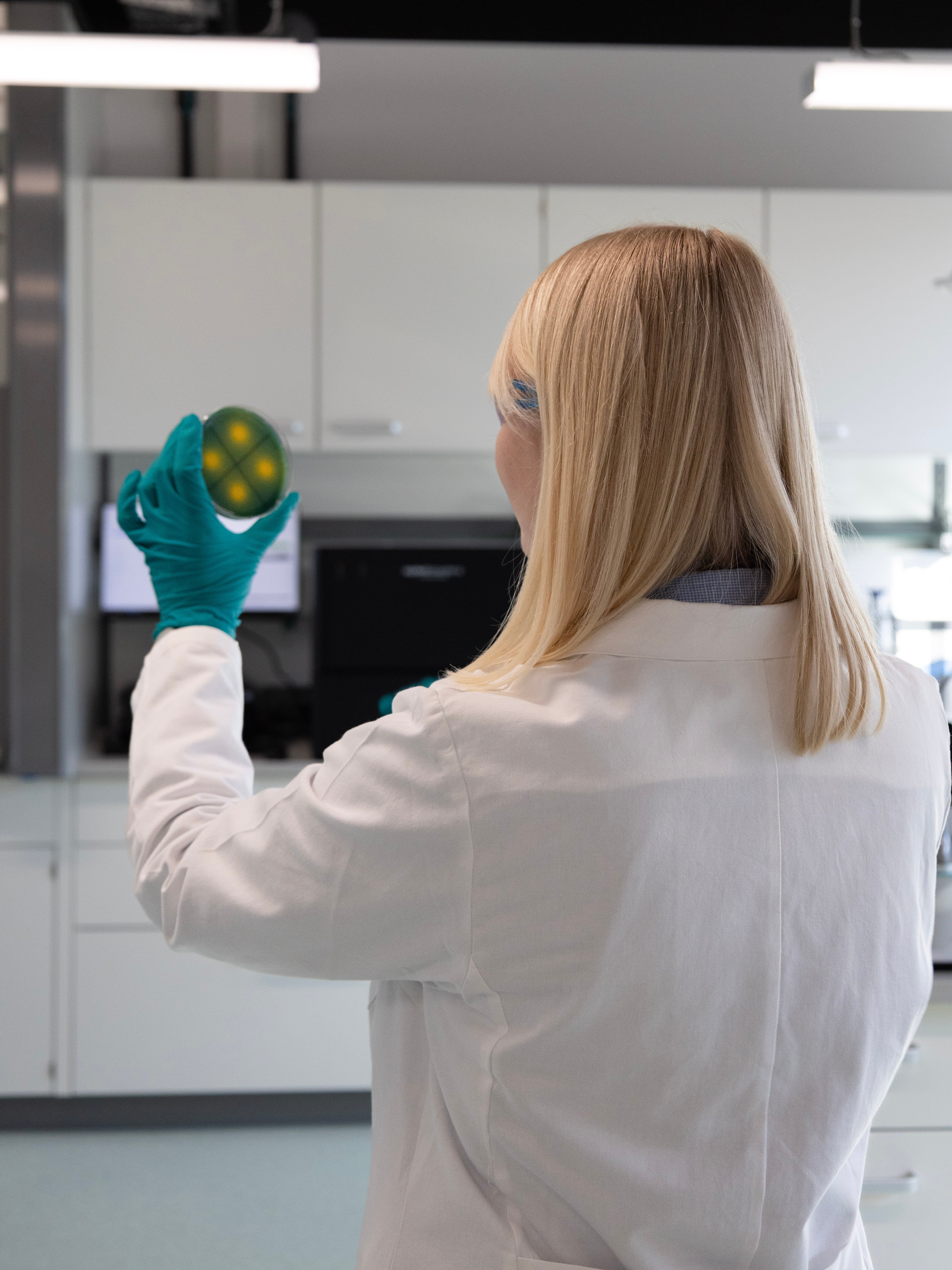 Wissenschaftlerin hält Petrischale