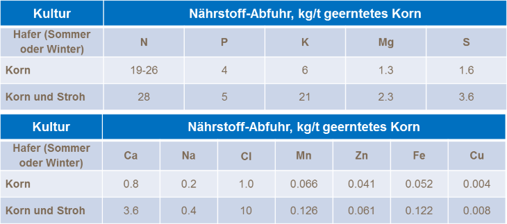 Nährstoffmenge in Haferkörnern