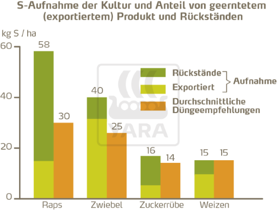 Schwefelaufnahme und -Gehalt von Kulturen in geernteten Produkten und Rückständen im Vergleich zu Düngeempfehlungen.
