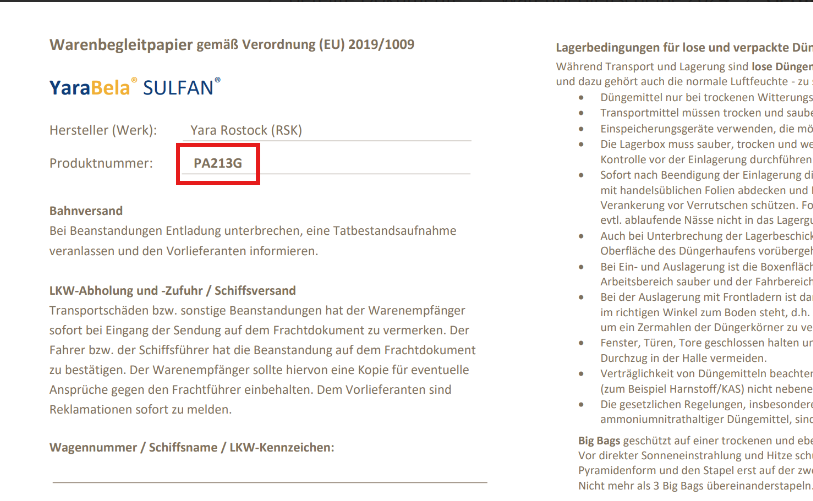 Produktcode auf Warenbegleitschein