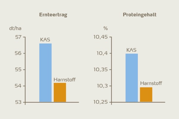 Abbildung 4: Ernteertrag und Proteingehalt der Sommergerste bei einer Oberflächendüngung mit Stickstoff von 45 kg/ha, ausgegeben in Form von KAS oder Harnstoff [6].